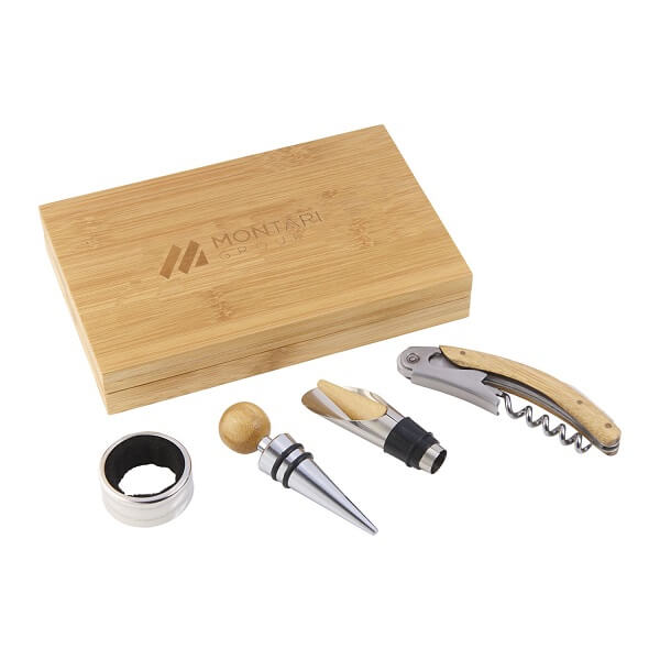 4 Piece Bamboo Wine Gift Set engraved